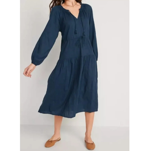 Old Navy Womens XL Bohemian Maxi Dress Cinch Waist Long Sleeve Tidewater Blue - Picture 1 of 16